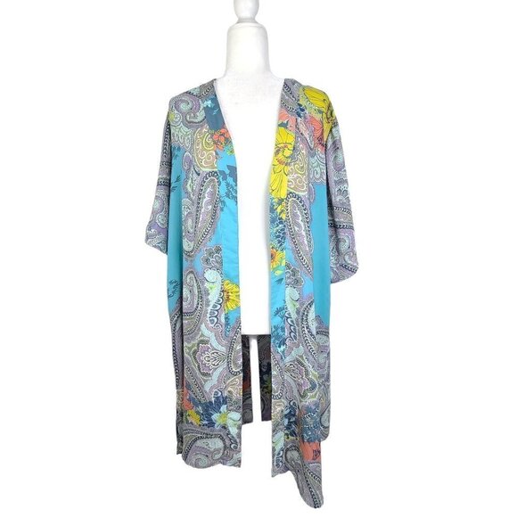 Catherines Boho Turquoise  Paisley Floral Maxi Kimono Cardigan  Cover Up - Picture 1 of 6